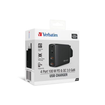 Verbatim 4 Port 100W PD 3.0 & QC 3.0 GaN Travel Charger