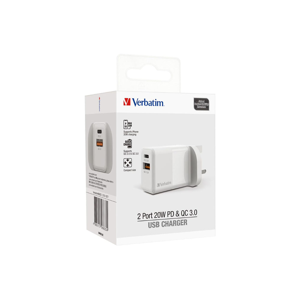 Verbatim 2 Port 20W QC3.0 Charger - UK Plug - White