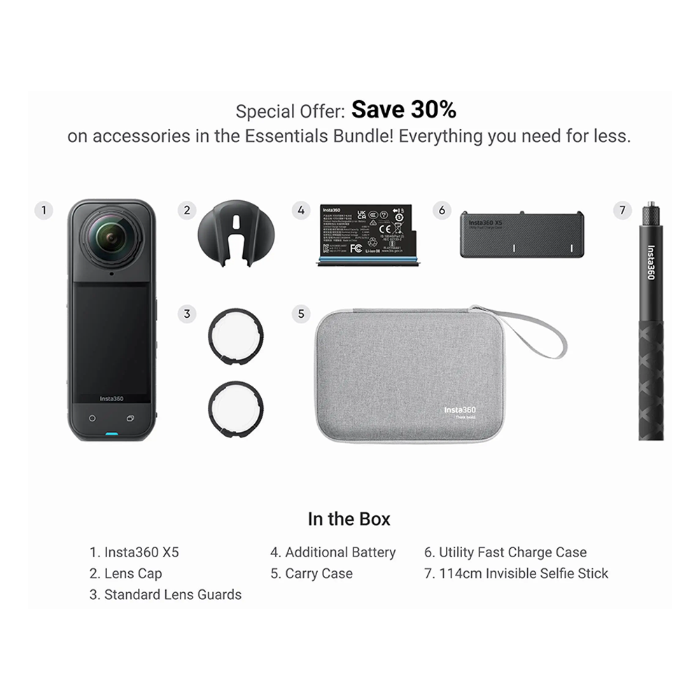 Pacchetto Essentials Per Action Cam Insta360 X5, Nuovo, Include Accessori Essenziali, Garanzia 1 Anno