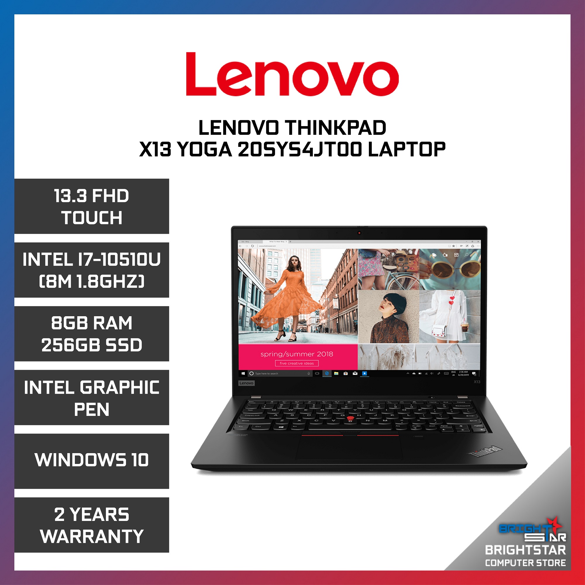 LENOVO THINKPAD X13 YOGA 20SYS4JT00 LAPTOP  FHD / I7-10510U / 8GB /  256GB SSD / Intel / 5 YEARS WARRANTY ⋆ Brightstar Computer
