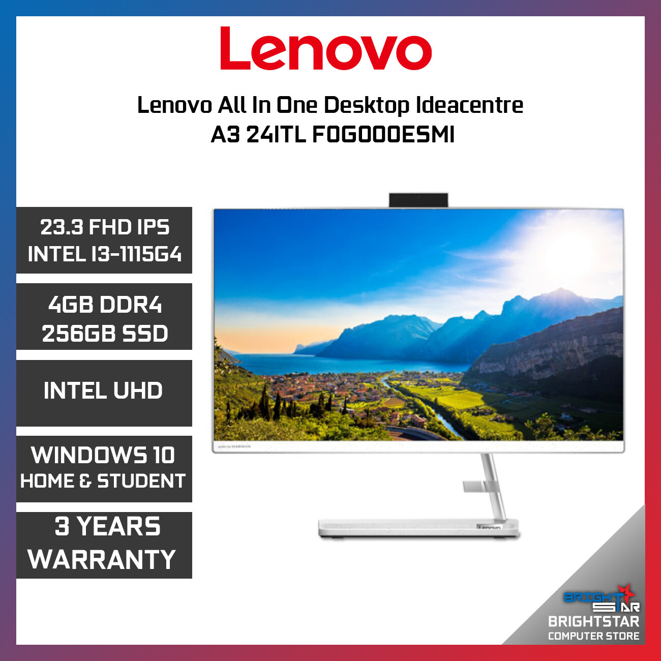 Lenovo All In One Desktop Ideacentre A3 24ITL F0G000ESMI (  FHD IPS /  Intel Core / I3 1115G4 / 4GB Ram / 256GB SSD / Intel UHD Graphic / Windows  10 +