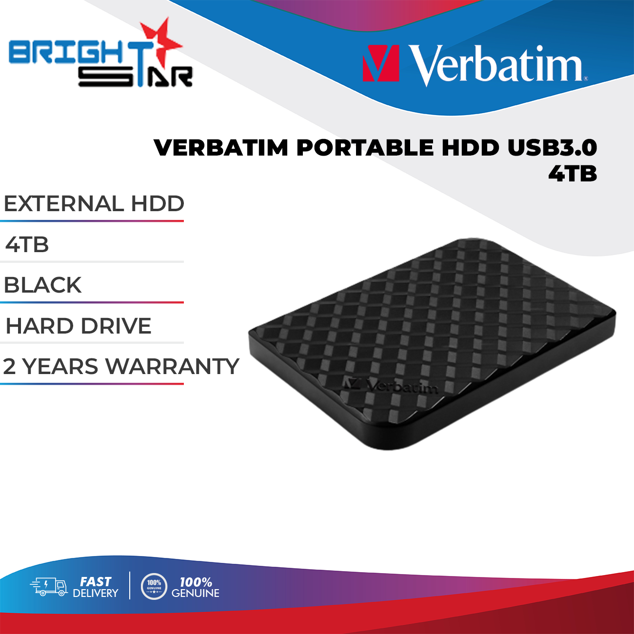 VERBATIM PORTABLE HDD USB3.0 4TB BLACK EXTERNAL DRIVE - Brightstar